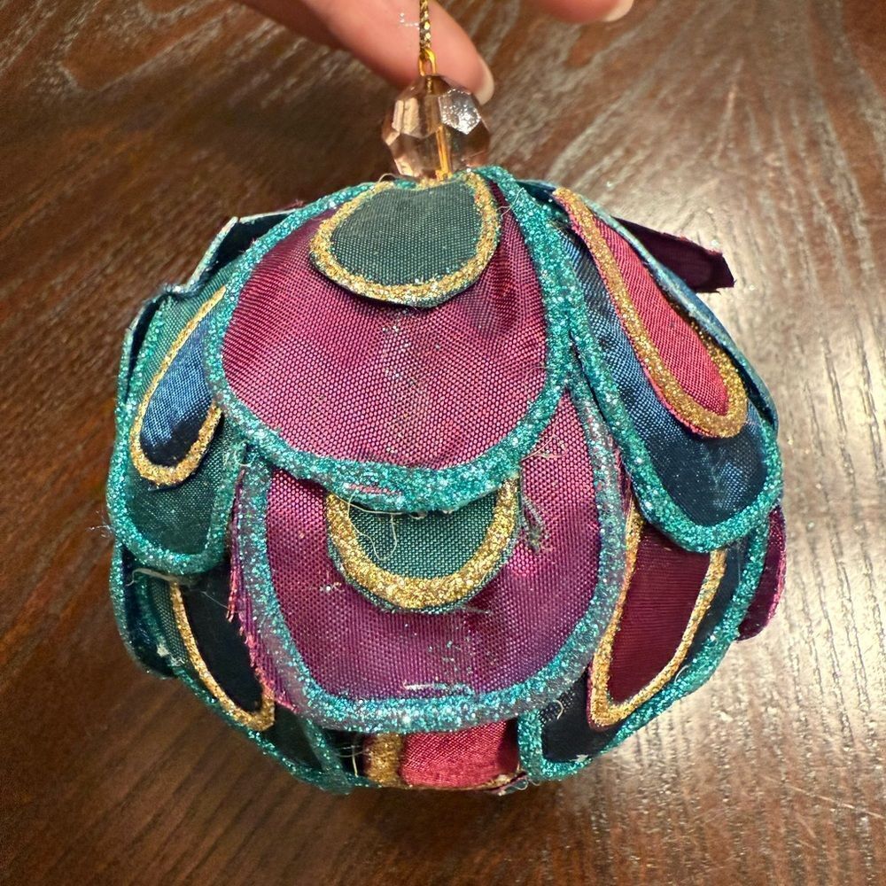 Vintage Pier One Peacock Fabric Glitter Christmas Tree Ornaments Decor Holiday
